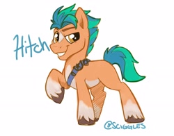 Size: 4096x3218 | Tagged: safe, artist:sciggles, hitch trailblazer (mlp), earth pony, equine, fictional species, mammal, pony, feral, hasbro, my little pony, my little pony g5, spoiler, spoiler:my little pony g5, 2021, blaze (coat marking), coat markings, high res, hooves, male, one hoof raised, raised hoof, simple background, socks (leg marking), solo, solo male, speculation, stallion, tail, white background
