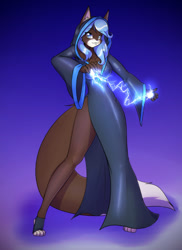 Size: 933x1280 | Tagged: safe, artist:scorpdk, oc, oc only, oc:azure nightshade (moochiinlove), canine, fox, mammal, anthro, absolute cleavage, blue eyes, breasts, cleavage, clothes, dress, female, hood, lightning, looking at you, magic, side slit, solo, solo female, total sideslit, vixen