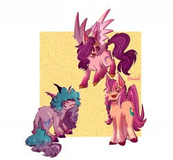 Size: 1972x1830 | Tagged: safe, artist:kafeleik, izzy moonbow (mlp), pipp petals (mlp), sunny starscout (mlp), earth pony, equine, fictional species, mammal, pegasus, pony, unicorn, feral, hasbro, my little pony, my little pony g5, spoiler, spoiler:my little pony g5, 2021, bracelet, chest fluff, circlet, coat markings, cutie mark, feathered wings, feathers, female, females only, fluff, flying, gradient mane, gradient tail, hooves, jewelry, mare, socks (leg marking), speculation, spread wings, tail, trio, trio female, unshorn fetlocks, wings