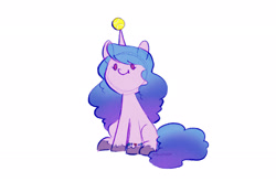 Size: 2484x1638 | Tagged: safe, artist:dawnfire, izzy moonbow (mlp), equine, fictional species, mammal, pony, unicorn, feral, hasbro, my little pony, my little pony g5, spoiler, spoiler:my little pony g5, 2021, blank flank, bracelet, childproof horn, cute, female, gradient mane, gradient tail, high res, hooves, jewelry, mare, smiling, solo, solo female, speculation, tail, tennis ball, unshorn fetlocks