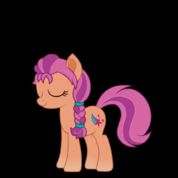 Size: 720x720 | Tagged: safe, artist:yudhaikeledai, sunny starscout (mlp), earth pony, equine, fictional species, mammal, pony, feral, hasbro, my little pony, my little pony g5, spoiler, spoiler:my little pony g5, 2021, 2d, 2d animation, animated, black background, braid, eyes closed, female, hair, looking at you, mare, simple background, sitting, solo, solo female, sound, speculation, spin, tail, wave, webm