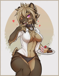Size: 1000x1280 | Tagged: suggestive, artist:eternityzinogre, oc, oc only, oc:falla, feline, mammal, saber-toothed cat, anthro, 2020, abstract background, big breasts, breasts, cake, cherry, chest fluff, clothes, collar, ear piercing, earring, elbow fluff, eyebrows, eyelashes, female, fluff, food, fruit, heart, licking, lidded eyes, looking at you, love heart, one eye closed, panties, piercing, shirt, smiling, solo, solo female, tongue, tongue out, topwear, underwear, winking
