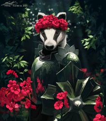 Size: 1600x1828 | Tagged: safe, artist:yacrical, badger, mammal, mustelid, anthro, ambiguous gender, armor, flower, flower crown, reflection, scenery, shield, solo, solo ambiguous