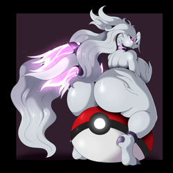 Size: 1560x1560 | Tagged: suggestive, artist:suirano, fictional species, legendary pokémon, reshiram, anthro, nintendo, pokémon, 2021, big butt, breasts, butt, claws, eyes closed, female, glowing, glowing eyes, hair, huge breasts, long hair, paws, pink eyes, poké ball, rear view, sideboob, simple background, solo, solo female, white body