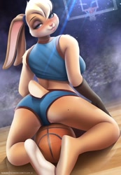 Size: 900x1300 | Tagged: safe, alternate version, artist:fluffx, lola bunny (looney tunes), lagomorph, mammal, rabbit, anthro, digitigrade anthro, looney tunes, space jam, space jam: a new legacy, warner brothers, 2021, ball, basketball, basketball court, basketball uniform, bedroom eyes, blushing, bottomwear, butt, clothes, digital art, ears, female, floppy ears, fur, gloves, hair, long gloves, looking at you, pink nose, pose, rear view, shirt, shorts, solo, solo female, tail, thighs, topwear, wide hips