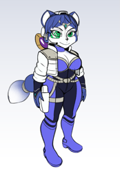Size: 689x989 | Tagged: safe, artist:omegasunburst, krystal (star fox), canine, fox, mammal, anthro, plantigrade anthro, nintendo, star fox, 2021, belt, blue body, blue fur, blue hair, boots, breasts, cleavage, clothes, dipstick tail, eyebrows, eyelashes, female, fur, gradient background, green eyes, gun holster, hair, head jewelry, jacket, jewelry, looking at you, shoes, short hair, sketch, smiling, smiling at you, solo, solo female, staff, tail, tail wraps, topwear, visor, vixen, white body, white fur, wraps