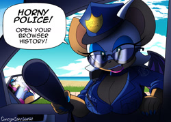 Size: 1280x915 | Tagged: suggestive, artist:omegasunburst, rouge the bat (sonic), bat, mammal, anthro, sega, sonic the hedgehog (series), 2021, baton, beach, big breasts, bottomwear, breasts, brown body, brown fur, car, cleavage, clothes, dialogue, eyelashes, female, female focus, fur, glasses, green eyes, horny jail, horny police, looking at you, mirror, offscreen character, open mouth, outdoors, police hat, police uniform, pov, shadow, shorts, solo focus, speech bubble, summer, sunglasses, talking, talking to viewer, teeth, vehicle, white body, white fur