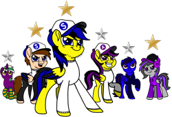 Size: 6959x4731 | Tagged: safe, artist:mrstheartist, oc, oc only, oc:alexandra cloudy 2.0, oc:electric beats, oc:ponyseb 2.0, oc:purple magic, oc:seb the pony, oc:viola love, equine, fictional species, mammal, pegasus, pony, unicorn, feral, friendship is magic, hasbro, my little pony, absurd resolution, base used, bright colors, cap, clothes, determined, earphones, female, group, hat, hoodie, horn, male, mare, simple background, snapback, stallion, stars, tail, topwear, transparent background, wings