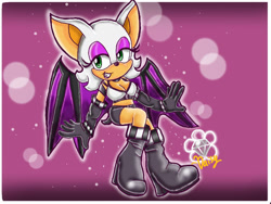 Size: 1024x768 | Tagged: safe, artist:mariosonicfans2000, rouge the bat (sonic), bat, mammal, anthro, sega, sonic adventure 2, sonic the hedgehog (series), 2021, alternate outfit, boots, bottomwear, breasts, cleavage, clothes, crop top, female, leather, leather boots, leather gloves, midriff, pink background, sexy, shoes, shorts, simple background, solo, solo female, sonic adventure 2: battle, topwear, wings