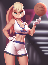 Size: 955x1281 | Tagged: safe, artist:pakwan008, lola bunny (looney tunes), lagomorph, mammal, rabbit, anthro, looney tunes, space jam, warner brothers, 2021, ball, basketball, bedroom eyes, belly button, big breasts, blonde hair, bottomwear, breasts, cleavage, clothes, crop top, eyebrows, eyelashes, female, gloves, hair, hand on hip, long ears, looking at you, midriff, short tail, shorts, smiling, smiling at you, solo, solo female, sports bra, sports shorts, tail, teeth, thighs, topwear