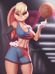 Size: 955x1281 | Tagged: safe, alternate version, artist:pakwan008, lola bunny (looney tunes), lagomorph, mammal, rabbit, anthro, looney tunes, space jam, space jam: a new legacy, warner brothers, 2021, ball, basketball, bedroom eyes, belly button, big breasts, blonde hair, bottomwear, breasts, cleavage, clothes, crop top, eyebrows, eyelashes, female, gloves, hair, hand on hip, long ears, looking at you, midriff, short tail, shorts, smiling, smiling at you, solo, solo female, sports bra, sports shorts, tail, teeth, thighs, topwear