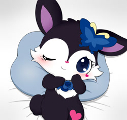 Size: 1200x1127 | Tagged: safe, artist:えむけー, luea (jewelpet), lagomorph, mammal, rabbit, semi-anthro, jewelpet (sanrio), sanrio, bed, blushing, cute, female, heart, looking at you, one eye closed, solo, solo female, tail, winking