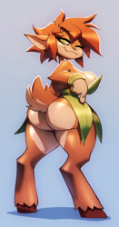 Size: 667x1277 | Tagged: suggestive, artist:bigdad, elora (spyro), faun, fictional species, mammal, anthro, unguligrade anthro, spyro the dragon (series), 2021, arm fluff, big breasts, black outline, breasts, brown body, brown fur, brown hair, butt, clothes, eyebrow through hair, eyebrows, eyelashes, female, fluff, fur, glistening, gradient background, green eyes, hair, hooves, leaf, looking at you, looking back, looking back at you, multicolored outline, one eye closed, pointy ears, rear view, short hair, short tail, shoulder fluff, sideboob, solo, solo female, standing, tail, tail fluff, thick thighs, thighs, three-quarter view, white outline, winking