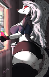 Size: 2230x3500 | Tagged: safe, artist:crunchyspoon, loona (vivzmind), canine, fictional species, hellhound, mammal, anthro, hazbin hotel, helluva boss, 2020, alcohol, big breasts, big butt, black body, black ears, black fur, black nose, black tail, blinds, blushing, bottomwear, breasts, building, butt, claws, clothes, collar, colored sclera, crop top, cutoffs, detailed background, drink, ear fluff, ears, eyebrows, eyelashes, eyeshadow, female, fingerless gloves, fluff, fur, glistening, gloves, hair, happy, high res, indoors, legwear, long hair, makeup, midriff, multicolored fur, multicolored tail, red sclera, reflection, shadow, shoulder fluff, side view, sideboob, signature, slit pupils, smiling, solo, solo female, spiked collar, standing, stockings, sunlight, sunset, table, tail, thick thighs, thigh highs, thighs, topwear, two toned tail, voluptuous, white body, white eyes, white fur, white hair, white tail, wide hips, window, wine, wine glass