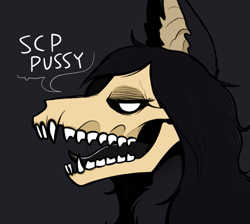 Size: 1027x921 | Tagged: suggestive, artist:keadonger, scp-1471-a (scp), canine, fictional species, mammal, undead, anthro, scp, 2018, black background, black hair, black tongue, bone, colored tongue, creepypasta, dialogue, female, hair, long hair, profile, side view, simple background, skull, solo, solo female, speech bubble, talking, teeth, text, tongue, white eyes