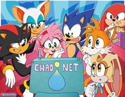 Size: 1600x1247 | Tagged: safe, artist:nico--neko, amy rose (sonic), cream the rabbit (sonic), knuckles the echidna (sonic), miles "tails" prower (sonic), rouge the bat (sonic), shadow the hedgehog (sonic), sonic the hedgehog (sonic), bat, canine, echidna, fox, hedgehog, lagomorph, mammal, monotreme, rabbit, red fox, anthro, feral, sega, sonic the hedgehog (series), youtube, 2020, blushing, computer, couch, eating, female, fur, horrified, horrified expression, male, popcorn, quills, scared, shocked, shocked expression, sitting, smirk, standing, tails and sonic pals, terrified, uwu, youtube link