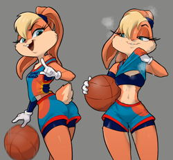 Size: 780x720 | Tagged: safe, artist:centinel303, lola bunny (looney tunes), lagomorph, mammal, rabbit, anthro, looney tunes, space jam, space jam: a new legacy, warner brothers, 2021, ball, basketball, belly button, blonde hair, blue eyes, breasts, butt, clothes, eyebrows, eyelashes, female, fluff, gloves, hair, long ears, looking at you, looking back, looking back at you, open mouth, open smile, shirt, shirt lift, short tail, shoulder fluff, smiling, solo, solo female, sweat, tail, teeth, thighs, tongue, topwear