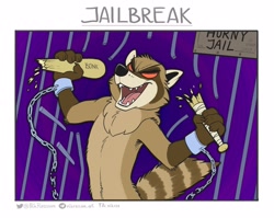 Size: 2048x1629 | Tagged: safe, artist:nik raccoom, oc, oc:nik (nik raccoom), mammal, procyonid, raccoon, anthro, 2021, bars, baseball bat, broken, brown body, brown fur, chains, cheek fluff, cuffs, digital art, english text, escape, fluff, front view, fur, hand hold, holding, horny jail, jail, male, meme, open mouth, open smile, red eyes, ringtail, sharp teeth, sign, smiling, solo, solo male, tail, tail fluff, teeth, tongue