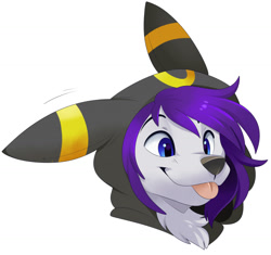 Size: 1280x1203 | Tagged: safe, artist:feve, oc, oc only, canine, eeveelution, fictional species, mammal, umbreon, anthro, nintendo, pokémon, 2021, blep, blue eyes, bust, chest fluff, clothes, costume, cute, digital art, fake ears, fluff, front view, fur, hair, hood, hoodie, portrait, purple hair, simple background, smiling, three-quarter view, tongue, tongue out, topwear, white background, white body, white fur