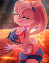 Size: 1063x1375 | Tagged: safe, artist:obakawaii, lola bunny (looney tunes), lagomorph, mammal, rabbit, anthro, looney tunes, space jam, space jam: a new legacy, warner brothers, 2021, ball, basketball, bedroom eyes, big breasts, blonde hair, bottomwear, breasts, chest fluff, clothes, colored pupils, crop top, eyebrow through hair, eyebrows, eyelashes, female, fluff, gloves, hair, long ears, looking at you, midriff, open mouth, open smile, short tail, shorts, smiling, smiling at you, solo, solo female, sports bra, sports shorts, stadium, tail, teal eyes, teeth, thick thighs, thighs, tongue, topwear, wide hips