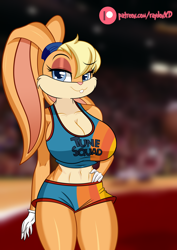 Size: 1280x1809 | Tagged: safe, artist:raydonxd, lola bunny (looney tunes), lagomorph, mammal, rabbit, anthro, looney tunes, space jam, space jam: a new legacy, warner brothers, 2021, bedroom eyes, big breasts, blonde hair, blue eyes, bottomwear, breasts, cleavage, clothes, crop top, eyebrow through hair, eyebrows, eyelashes, eyeshadow, female, gloves, hair, hand on hip, long ears, looking at you, makeup, midriff, shorts, smiling, smiling at you, solo, solo female, sports bra, sports shorts, teeth, thick thighs, thighs, topwear