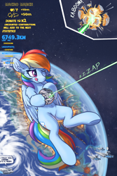 Size: 1200x1800 | Tagged: safe, artist:ravistdash, rainbow dash (mlp), equine, fictional species, mammal, pegasus, pony, feral, friendship is magic, hasbro, my little pony, star wars, 2021, belly button, blue body, blue feathers, blue fur, city, cloud, crossover, cutie mark, death star, destruction, digital art, ear fluff, earth, english text, exclamation point, explosion, feathers, featureless crotch, fluff, fur, hair, holding, hoof hold, hooves, impact, laser, licking, licking lips, lying down, macro, magenta eyes, magma, millennium falcon, moon, on back, one eye closed, onomatopoeia, picture-in-picture, planet, rainbow hair, smiling, smirk, solo, space, spaceship, speech bubble, star destroyer, tail, text, tongue, tongue out, underhoof, vehicle, water, wings