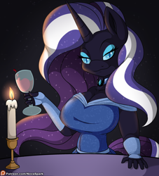 Size: 2000x2200 | Tagged: safe, artist:novaspark, nightmare rarity (mlp), equine, fictional species, mammal, pony, unicorn, anthro, cc by-nc-nd, creative commons, friendship is magic, hasbro, idw my little pony, my little pony, alcohol, anthrofied, clothes, dress, drink, explicit source, female, high res, looking at you, mare, solo, solo female, wine, wine glass