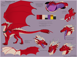 Size: 4696x3500 | Tagged: safe, artist:neltruin, oc, oc only, oc:thorphax, dragon, fictional species, reptile, scaled dragon, western dragon, feral, 2017, absurd resolution, anatomy, bedroom eyes, big wings, bored, claws, color palette, colored sclera, colored tongue, cream body, cream scales, cutaway, digital art, english text, expressions, goo, horns, internal view, intestines, licking, licking lips, long tongue, male, open mouth, orange eyes, organs, purple tongue, red scales, reference sheet, reptile feet, scales, sharp teeth, side view, smiling, solo, solo male, standing, striped body, teeth, tongue, tongue out, webbed wings, wings, yellow sclera