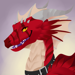 Size: 1000x1000 | Tagged: safe, artist:feve, oc, oc only, oc:thorphax, dragon, fictional species, western dragon, feral, bust, collar, colored sclera, colored tongue, cream body, cream scales, feather, front view, horns, male, open mouth, open smile, orange eyes, portrait, purple tongue, red scales, scales, sharp teeth, slit pupils, smiling, solo, solo male, striped body, teeth, three-quarter view, tongue, yellow sclera