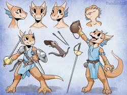 Size: 1400x1049 | Tagged: safe, artist:taborlin123, fictional species, kobold, reptile, anthro, ambiguous gender, armor, crossbow, horns, rapier, shield, solo, solo ambiguous, sword, tail, tongue, tongue out, weapon