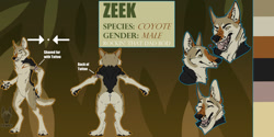 Size: 1280x640 | Tagged: safe, artist:tiewolf, oc, oc only, oc:zeek (zeekcalzaya), canine, coyote, mammal, anthro, digitigrade anthro, 2020, abstract background, bared teeth, black body, black fur, blep, brown body, brown fur, butt, claws, color palette, complete nudity, digital art, ear fluff, featureless crotch, fluff, front view, fur, heart, male, nudity, paws, rear view, reference sheet, skin, solo, solo male, spread arms, standing, tan body, tan fur, tattoo, teeth, three-quarter view, tongue, tongue out, watermark