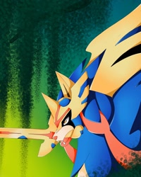 Size: 1080x1350 | Tagged: safe, alternate version, artist:tessa_key_, fictional species, legendary pokémon, zacian, feral, nintendo, pokémon, abstract background, ambiguous gender, bust, colored, holding, mouth hold, solo, solo ambiguous, sword, weapon