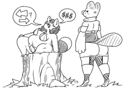 Size: 544x395 | Tagged: suggestive, artist:onetiredbear, oc, oc:mizu (onetiredbear), beaver, canine, mammal, raccoon dog, anthro, digitigrade anthro, plantigrade anthro, angry, arrows, breasts, butt, clothes, cross-popping veins, duo, duo female, eyes closed, fat, female, females only, leaf, low res, monochrome, ninja, open mouth, outdoors, outfit, overweight, question mark, simple background, sitting, smiling, speech bubble, striped tail, stripes, tail, thick thighs, thighs, tree stump, white background
