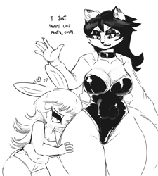 Size: 740x821 | Tagged: safe, artist:newtypehero, oc, oc only, oc:gwen (newtypehero), oc:vix (newtypehero), canine, fox, lagomorph, mammal, rabbit, anthro, bottomwear, breasts, cleavage, clothes, dialogue, duo, duo female, eyeshadow, female, females only, grayscale, hair, hair over eyes, heart, in love, leotard, lidded eyes, lipstick, love heart, makeup, monochrome, shorts, simple background, sketch, sweat, talking, topwear, vixen, white background