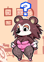Size: 548x764 | Tagged: safe, artist:newtypehero, sable (animal crossing), villager (animal crossing), big cat, feline, hedgehog, human, leopard, mammal, anthro, animal crossing, nintendo, belly button, blushing, breasts, cleavage, clothes, confused, cuffs (clothes), female, female focus, fishnet, fishnet stockings, high heels, indoors, legwear, lidded eyes, offscreen character, picture, picture frame, question mark, see-through, sewing machine, shoes, slightly chubby, solo focus, stockings, striped tail, stripes, surprised, tail, wide eyes