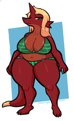 Size: 673x1095 | Tagged: safe, artist:newtypehero, oc, oc only, oc:emilia (newtypehero), dragon, fictional species, anthro, belly button, big breasts, bikini, bikini bottom, bikini top, breasts, claws, cleavage, clothes, dragoness, female, green eyes, hair, horn, lidded eyes, slightly chubby, solo, solo female, swimsuit, tail, thick thighs, thighs
