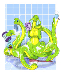 Size: 1047x1280 | Tagged: suggestive, artist:blackbloodqueen, oc, oc:sylene, reptile, snake, anthro, bath, big breasts, breasts, brush, featureless breasts, female, multiple heads, soap, soap suds, solo, solo female, washing