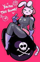 Size: 706x1103 | Tagged: safe, artist:newtypehero, lagomorph, mammal, rabbit, anthro, cc by-nc, creative commons, belt, blush sticker, bodysuit, bomb, boots, breasts, clothes, female, gift art, gloves, heart, holiday, love heart, one eye closed, shoes, sitting, smiling, solo, solo female, text, tight clothing, valentine's day, winking