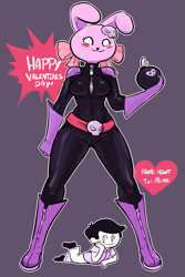 Size: 725x1083 | Tagged: safe, artist:newtypehero, human, lagomorph, mammal, rabbit, anthro, blush sticker, bodysuit, bomb, boots, bottomwear, breasts, clothes, duo, female, female focus, gloves, heart, holding object, holiday, looking at you, lying down, male, pants, prone, ribbon, shirt, shoes, smiling, socks, solo focus, text, tight clothing, topwear, valentine's day, zipper