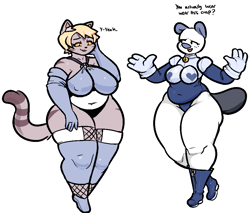 Size: 909x773 | Tagged: suggestive, artist:newtypehero, oc, oc only, oc:mizu (onetiredbear), oc:paula (newtypehero), beaver, cat, feline, mammal, anthro, bell, belly button, big breasts, boots, breasts, clothes, clothing swap, dialogue, duo, duo female, female, females only, freckles, gloves, hair, leotard, long gloves, ninja, nipple outline, open mouth, outfit, shoes, simple background, slightly chubby, smiling, sweat, tail, talking, thick thighs, thighs, white background
