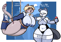 Size: 890x624 | Tagged: suggestive, artist:newtypehero, oc, oc only, oc:mizu (onetiredbear), oc:paula (newtypehero), beaver, cat, feline, mammal, anthro, ball gag, bell, belly button, big breasts, blushing, bondage, boots, breasts, clothes, dialogue, duo, duo female, female, females only, fetish, fishnet, freckles, gag, gloves, hair, holding object, leotard, long gloves, ninja, nipple outline, one eye closed, open mouth, outdoors, outfit, restrained arms, restrained legs, rope, rope bondage, see-through, shoes, simple background, slightly chubby, smiling, sweat, tail, talking, thick thighs, thighs, tree, white background