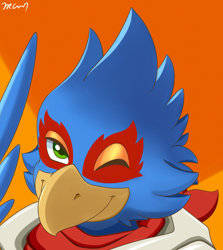 Size: 2500x2800 | Tagged: safe, artist:rex100, falco lombardi (star fox), bird, bird of prey, falcon, anthro, nintendo, star fox, 2020, beak, clothes, digital art, feathered wings, feathers, fur, hair, high res, looking at you, male, one eye closed, simple background, solo, solo male, wings