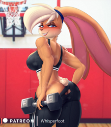 Size: 1117x1280 | Tagged: suggestive, alternate version, artist:whisperfoot, lola bunny (looney tunes), lagomorph, mammal, rabbit, anthro, cc by-nc, creative commons, looney tunes, space jam, warner brothers, 2021, basket, biceps, big breasts, big butt, blonde hair, blue eyes, blushing, breasts, butt, clothes, dumbbells, female, hair, long ears, looking at you, looking back, looking back at you, muscles, muscular female, pants, pants pulled down, presenting, rear view, seductive, short tail, sideboob, smiling, smiling at you, solo, solo female, sports bra, tail, teeth, thick thighs, thighs, tight clothing, topwear, undressing, wide hips, workout clothes, yoga pants