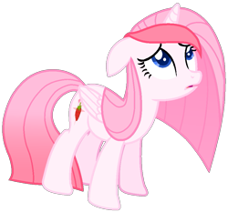 Size: 887x825 | Tagged: safe, artist:muhammad yunus, oc, oc only, oc:strawberries, alicorn, equine, fictional species, mammal, pony, feral, friendship is magic, hasbro, my little pony, blue eyes, female, floppy ears, mare, open mouth, sad, simple background, solo, solo female, transparent background