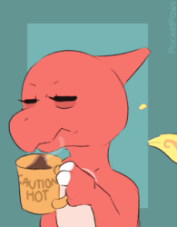Size: 849x1089 | Tagged: safe, artist:pocketpaws, charmeleon, fictional species, nintendo, pokémon, 2d, 2d animation, ambiguous gender, animated, coffee, drink, drinking, frame by frame, gif, red body, solo, solo ambiguous, starter pokémon