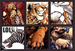 Size: 571x393 | Tagged: safe, artist:blotch, big cat, canine, cheetah, dog, equine, feline, fox, leopard, mammal, red fox, tiger, zebra, ambiguous form, feral, 2006, ambiguous gender, ball, black body, black fur, chest fluff, claws, english text, eyes closed, fluff, fur, grin, group, hand on face, laughing, looking at you, low res, lying down, on back, orange body, orange fur, paw pads, paws, smiling, tail, tail fluff, tan body, tan fur, traditional art, whiskers, white body, white fur, yellow body, yellow fur