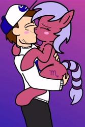 Size: 5839x8721 | Tagged: safe, artist:mrstheartist, oc, oc only, oc x oc, oc:mr.s, earth pony, equine, fictional species, human, mammal, pony, feral, friendship is magic, hasbro, my little pony, absurd resolution, bestiality, blushing, brown hair, butt, butt grab, clothes, cutie mark, duo, duo male and female, eyes closed, female, fur, gradient background, hair, hand on butt, hat, holding, holding a pony, holding character, human/feral, interspecies, kissing, male, male/female, pink body, pink fur, purple hair, shipping, side view, size difference, skin, tan skin