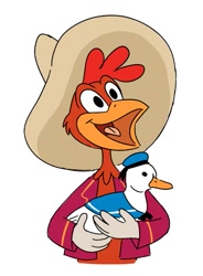 Size: 589x800 | Tagged: artist needed, source needed, safe, donald duck (disney), panchito pistoles (disney), bird, chicken, duck, galliform, waterfowl, anthro, feral, disney, mickey and friends, the three caballeros, 2d, beak, duo, duo male, feathers, male, males only, open beak, open mouth, red feathers, rooster, simple background, smiling, white background, white feathers