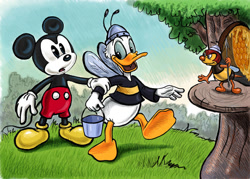 Size: 1055x757 | Tagged: safe, artist:zdrer456, donald duck (disney), mickey mouse (disney), arthropod, bee, bird, duck, insect, mammal, mouse, rodent, waterfowl, anthro, disney, mickey and friends, 2d, beak, bee costume, black body, black fur, clothes, costume, feathers, fur, male, males only, on model, open beak, open mouth, trio, trio male, white feathers