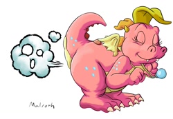 Size: 1280x887 | Tagged: safe, artist:malroth, cassie (dragon tales), dragon, fictional species, western dragon, semi-anthro, dragon tales, pbs, dragoness, eyes closed, fart, fart fetish, female, fetish, pink body, simple background, smiling, solo, solo female, white background, young